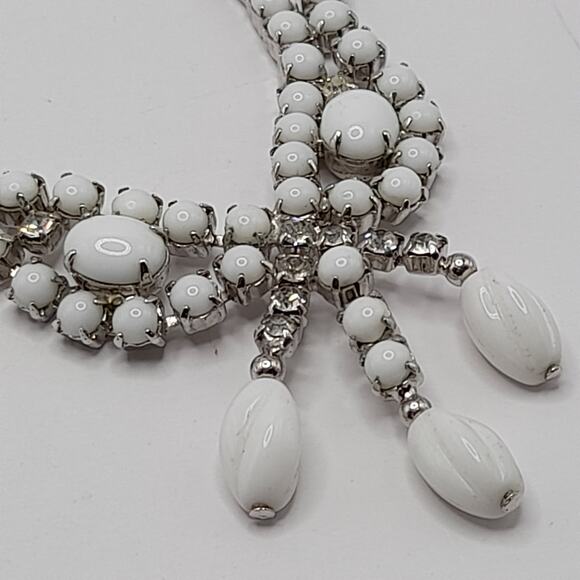 Vintage Milk Glass & Rhinestone Tassel Choker Necklace 15 Inch Rhodium - Picture 7 of 10